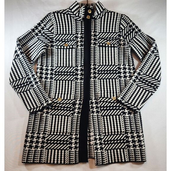 Anne Klein Sweater Jacket Size Small Black White Houndstooth Zip Pockets - Picture 1 of 16